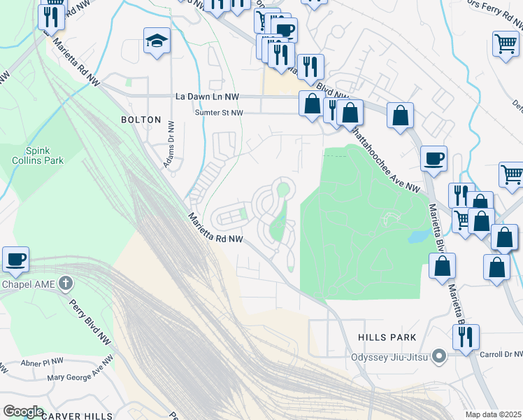 map of restaurants, bars, coffee shops, grocery stores, and more near 1678 Carr Circle in Atlanta