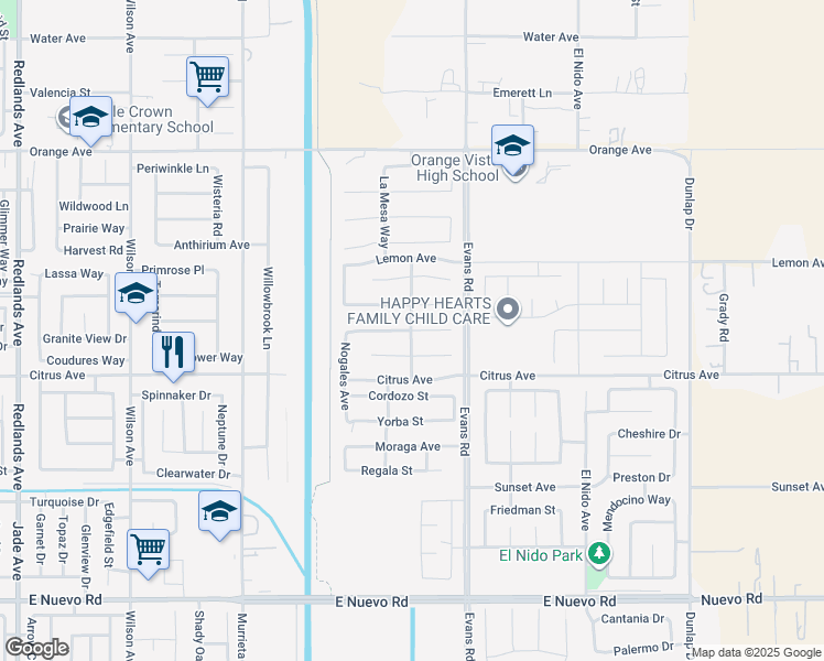 map of restaurants, bars, coffee shops, grocery stores, and more near Laguna Street in Perris