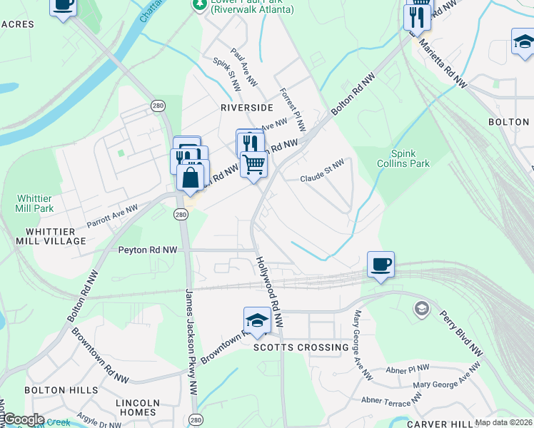 map of restaurants, bars, coffee shops, grocery stores, and more near 1994 Main Street Northwest in Atlanta