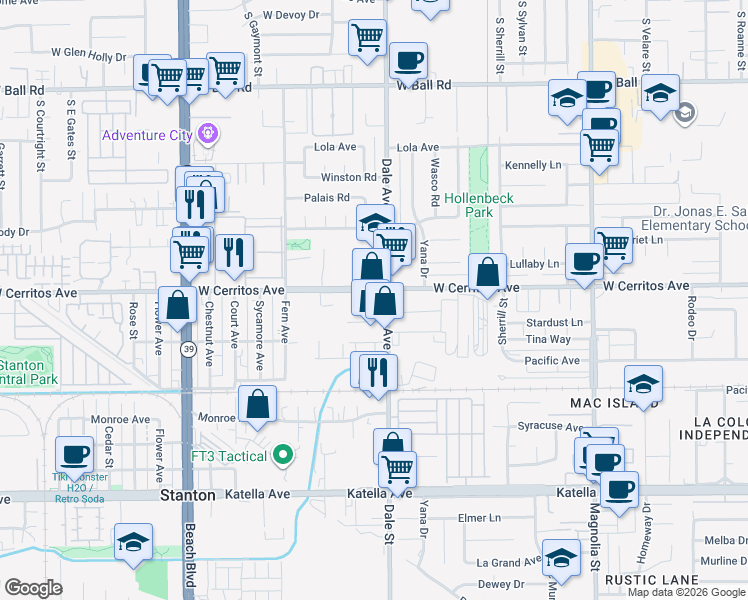 map of restaurants, bars, coffee shops, grocery stores, and more near 8440 Cerritos Ave in Stanton