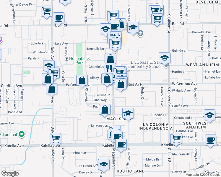 map of restaurants, bars, coffee shops, grocery stores, and more near 10471 South Magnolia Street in Anaheim