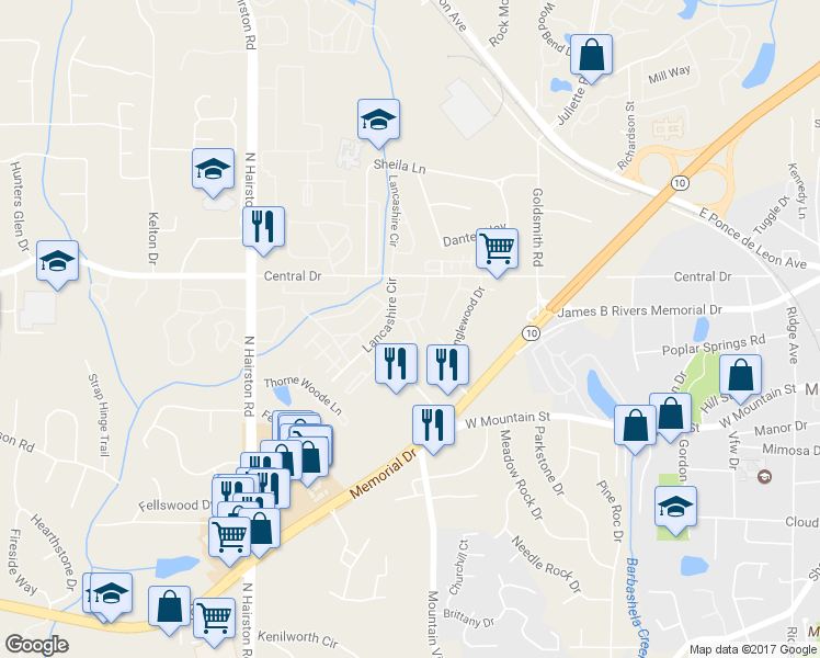 map of restaurants, bars, coffee shops, grocery stores, and more near 1111 Lancashire Circle in Stone Mountain