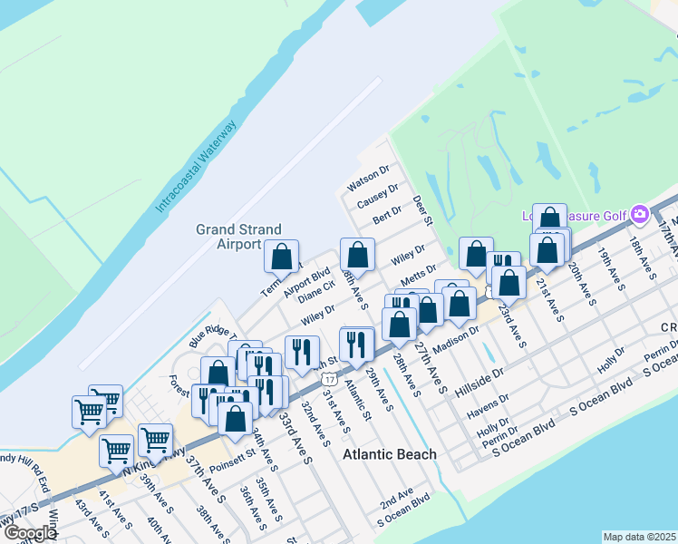 map of restaurants, bars, coffee shops, grocery stores, and more near 1111 28th Avenue South in North Myrtle Beach