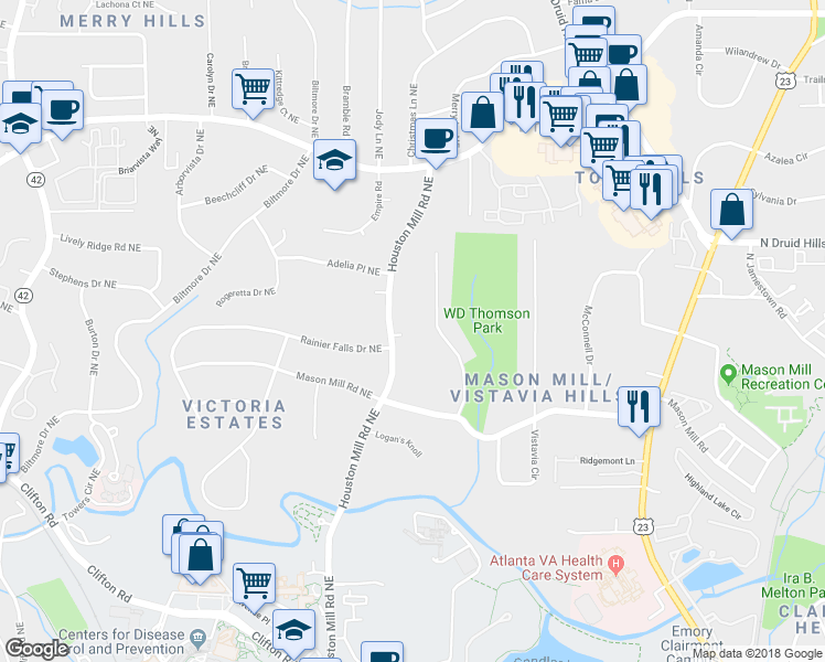 map of restaurants, bars, coffee shops, grocery stores, and more near 1690 Rosemont Place Northeast in Atlanta