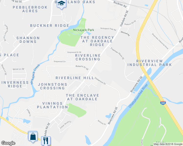 map of restaurants, bars, coffee shops, grocery stores, and more near 5855 Oakdale Road Southeast in Mableton
