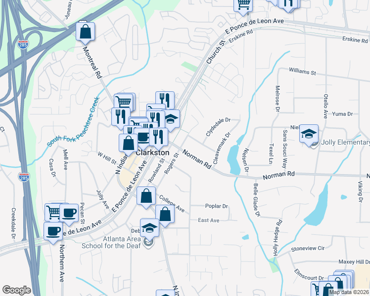 map of restaurants, bars, coffee shops, grocery stores, and more near 3730 Norman Road in Clarkston