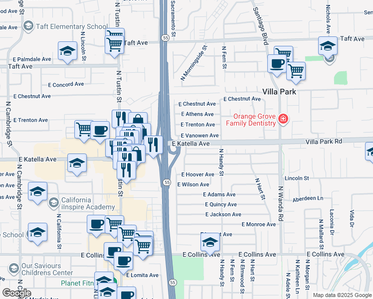 map of restaurants, bars, coffee shops, grocery stores, and more near in Orange
