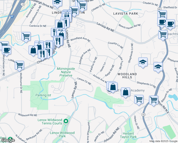 map of restaurants, bars, coffee shops, grocery stores, and more near 1068 Palafox Drive Northeast in Atlanta