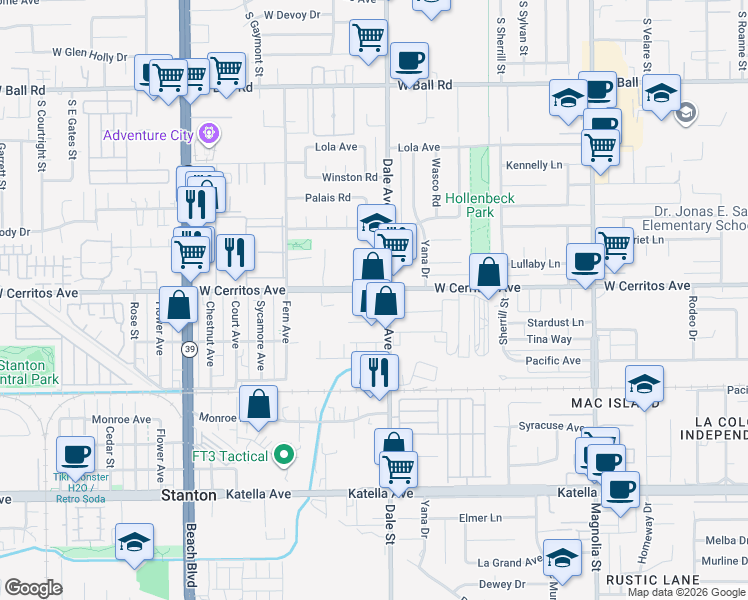 map of restaurants, bars, coffee shops, grocery stores, and more near 8440 West Cerritos Avenue in Stanton