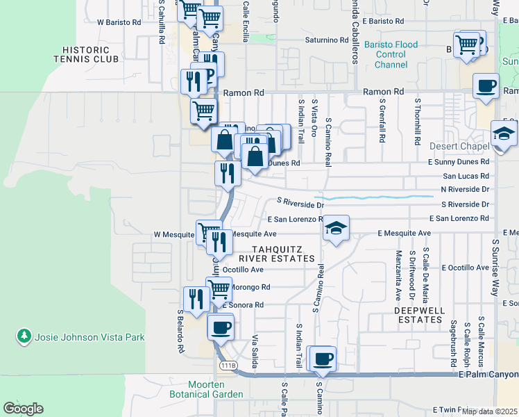 map of restaurants, bars, coffee shops, grocery stores, and more near 907 Random Road in Palm Springs