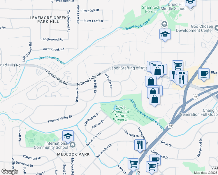 map of restaurants, bars, coffee shops, grocery stores, and more near 1064 North Valley Drive in Decatur
