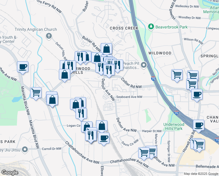 map of restaurants, bars, coffee shops, grocery stores, and more near 1999 Defoor Avenue Northwest in Atlanta