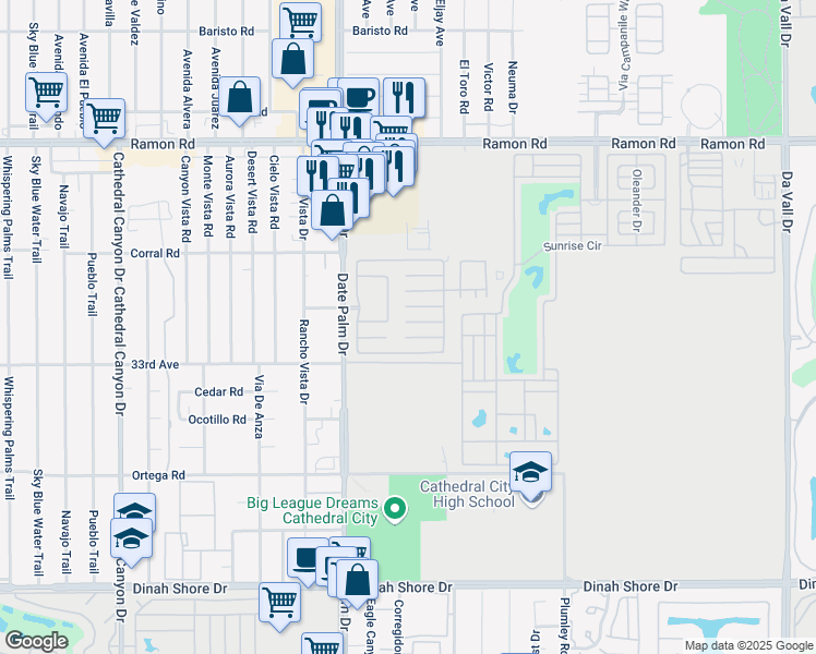 map of restaurants, bars, coffee shops, grocery stores, and more near 1203 Vía Seville in Cathedral City