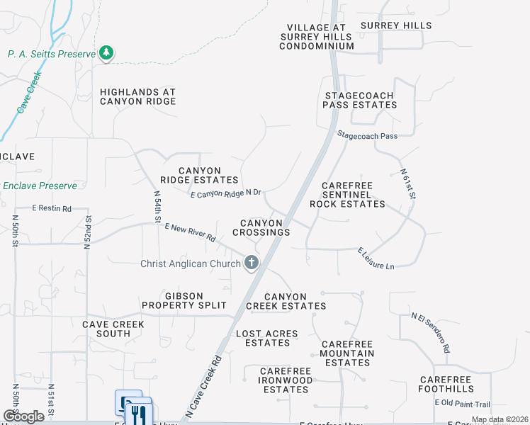 map of restaurants, bars, coffee shops, grocery stores, and more near 5700 Canyon Crossings Drive in Cave Creek