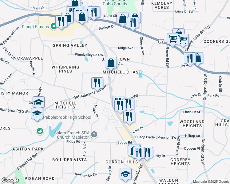 map of restaurants, bars, coffee shops, grocery stores, and more near 5889 Old Gordon Road in Mableton