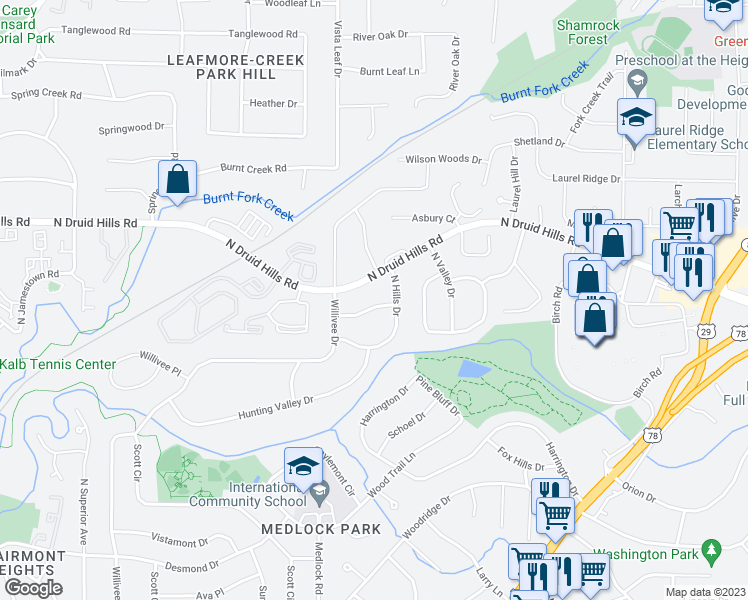 map of restaurants, bars, coffee shops, grocery stores, and more near 2482 Ridgefield Terrace in Decatur