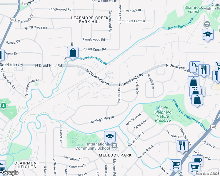 map of restaurants, bars, coffee shops, grocery stores, and more near 400 North Crossing Way in Decatur