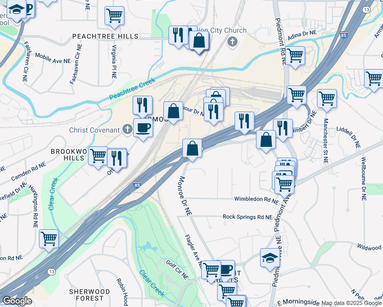 map of restaurants, bars, coffee shops, grocery stores, and more near Buford Spring Connector in Atlanta