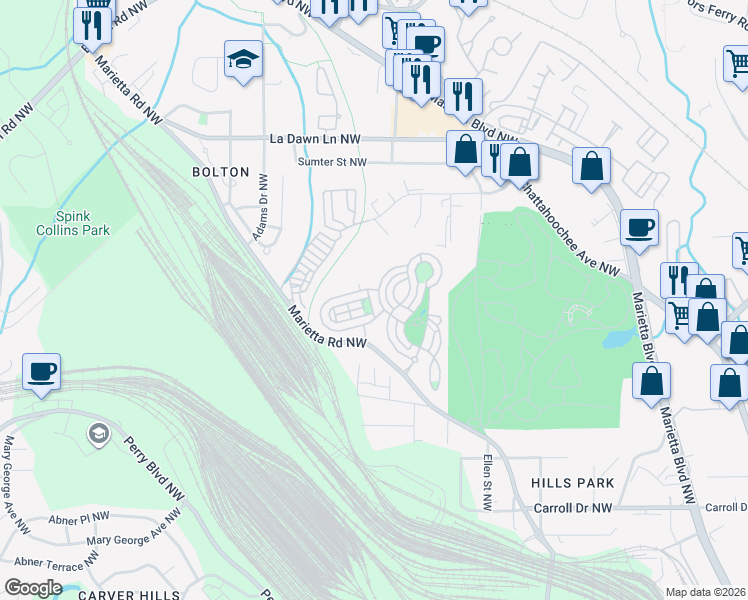 map of restaurants, bars, coffee shops, grocery stores, and more near 1694 Barfield Run Northwest in Atlanta