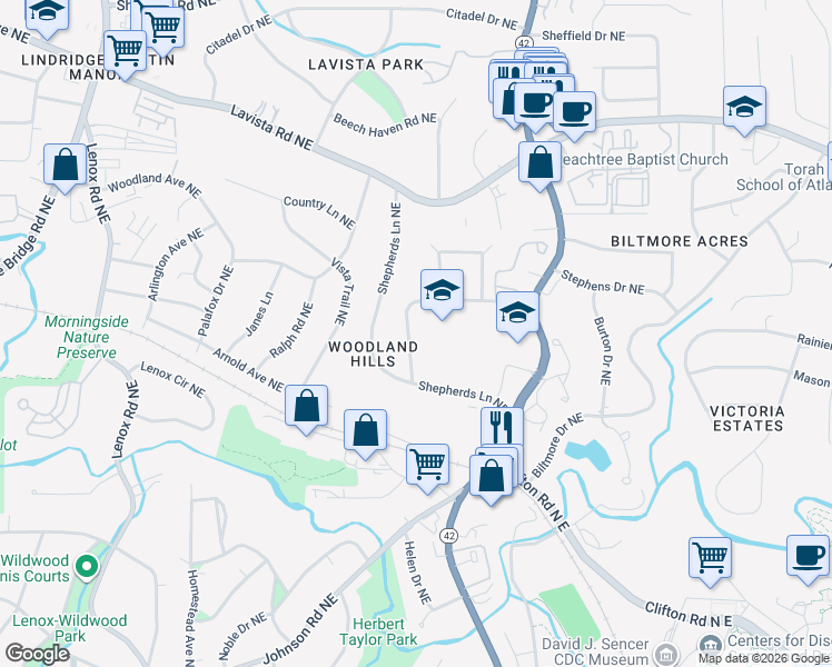 map of restaurants, bars, coffee shops, grocery stores, and more near 1069 Briar Vista Terrace Northeast in Atlanta