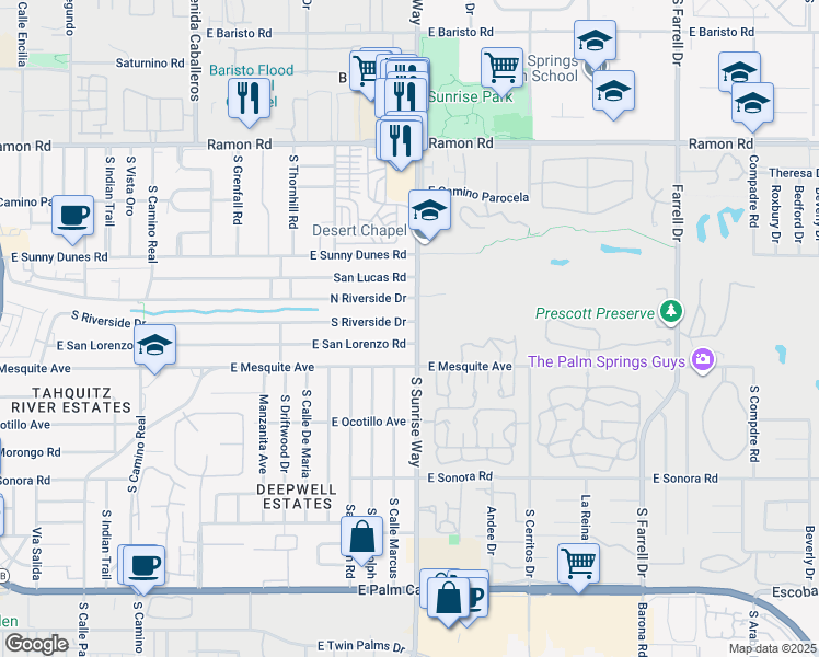 map of restaurants, bars, coffee shops, grocery stores, and more near 801 South Sunrise Way in Palm Springs