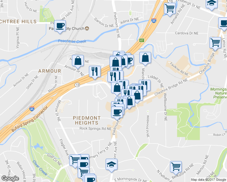 map of restaurants, bars, coffee shops, grocery stores, and more near 1931 Piedmont Cir NE in Atlanta