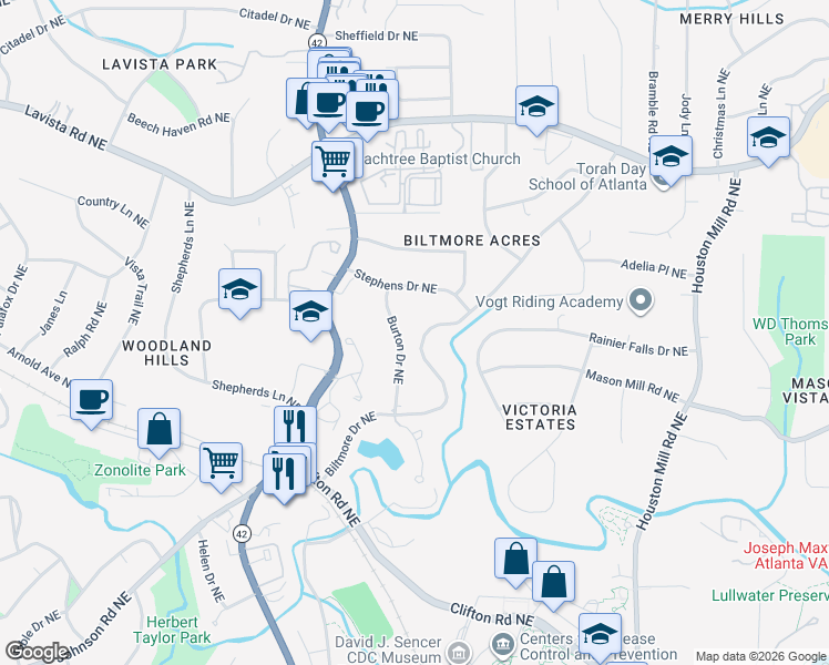 map of restaurants, bars, coffee shops, grocery stores, and more near 1063 Burton Drive Northeast in Atlanta