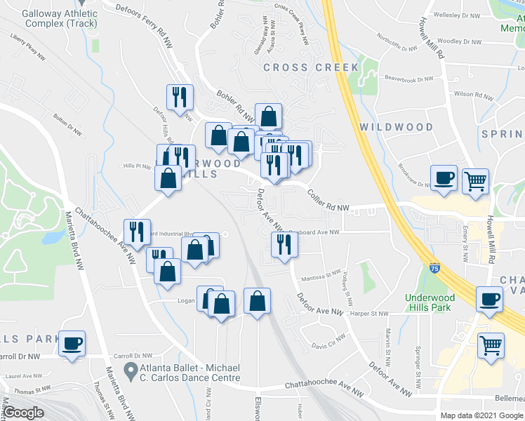 map of restaurants, bars, coffee shops, grocery stores, and more near 1298 Defoor Village Court Northwest in Atlanta