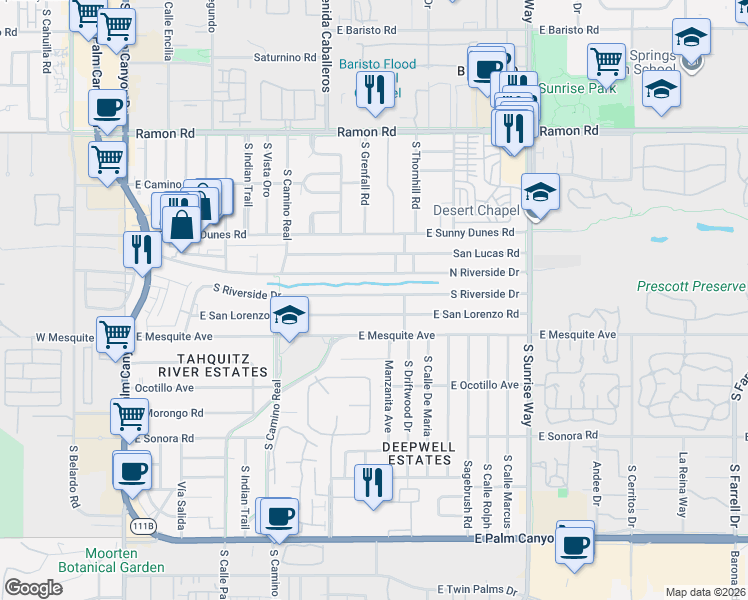 map of restaurants, bars, coffee shops, grocery stores, and more near 1077 South Riverside Drive in Palm Springs