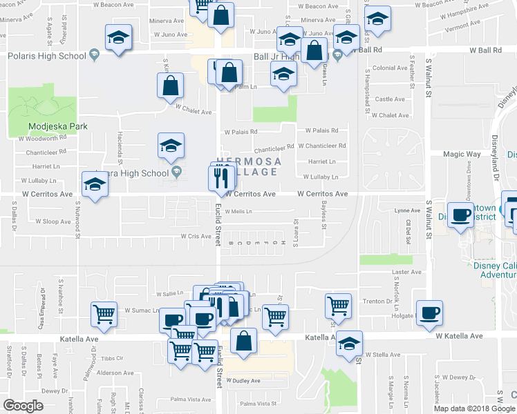 map of restaurants, bars, coffee shops, grocery stores, and more near 1641 West Mells Lane in Anaheim