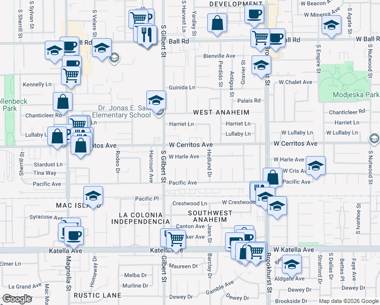 map of restaurants, bars, coffee shops, grocery stores, and more near 9581 West Harle Avenue in Anaheim