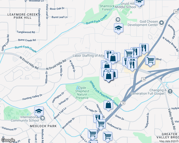 map of restaurants, bars, coffee shops, grocery stores, and more near 1012 Latham Road in Decatur