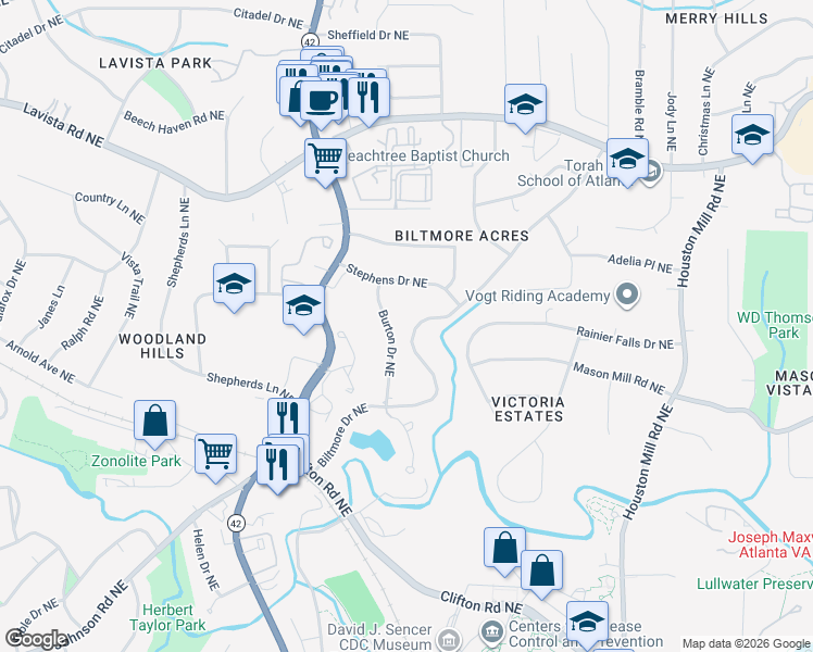 map of restaurants, bars, coffee shops, grocery stores, and more near 1063 Burton Drive Northeast in Atlanta