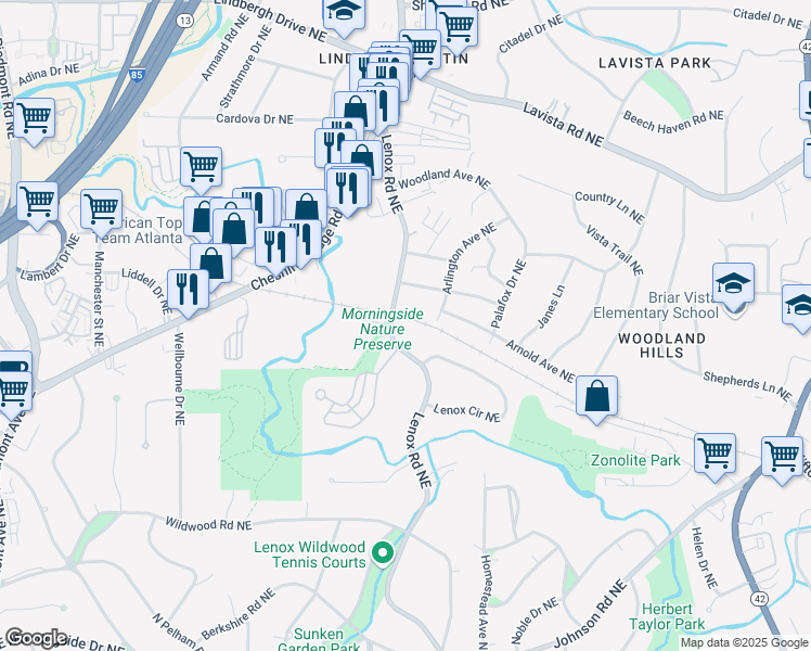 map of restaurants, bars, coffee shops, grocery stores, and more near 2037 Lenox Road Northeast in Atlanta