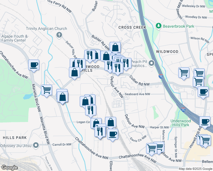 map of restaurants, bars, coffee shops, grocery stores, and more near 2010 Defoor Avenue Northwest in Atlanta