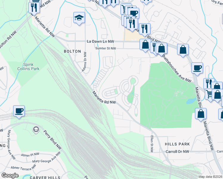 map of restaurants, bars, coffee shops, grocery stores, and more near 1424 Dupont Commons Circle Northwest in Atlanta
