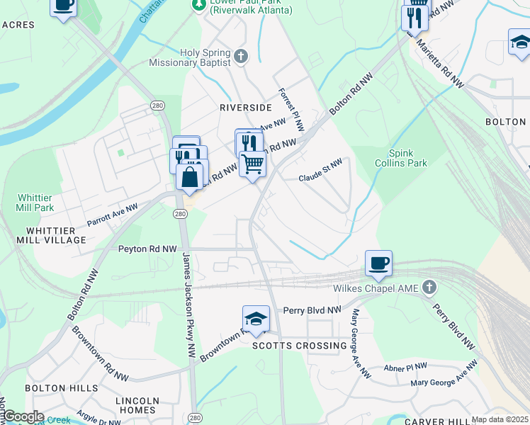 map of restaurants, bars, coffee shops, grocery stores, and more near in Atlanta