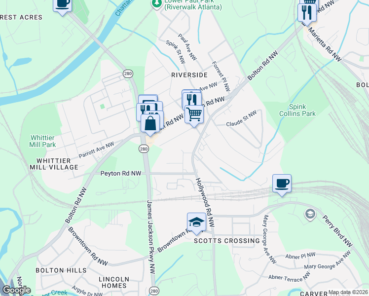 map of restaurants, bars, coffee shops, grocery stores, and more near 1988 Hollywood Road Northwest in Atlanta
