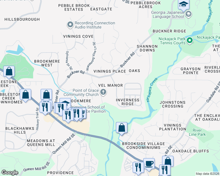 map of restaurants, bars, coffee shops, grocery stores, and more near 5871 Vel Court Southeast in Mableton
