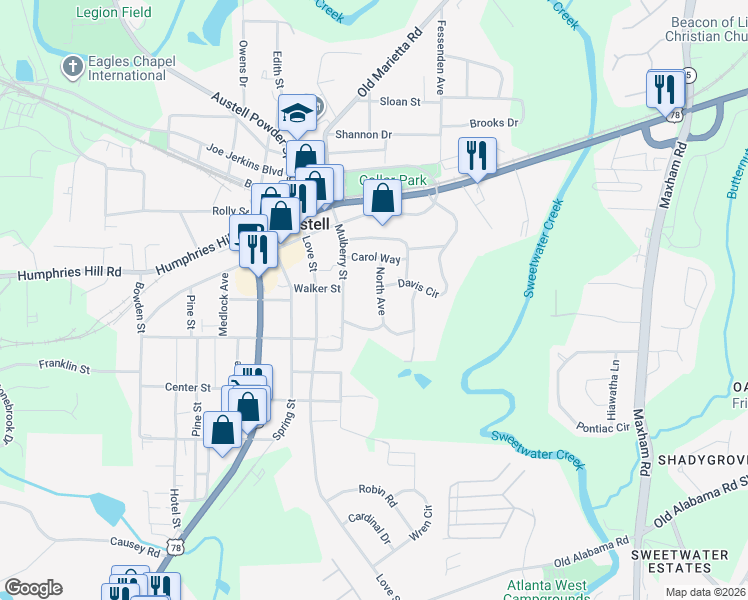 map of restaurants, bars, coffee shops, grocery stores, and more near 5930 North Avenue in Austell