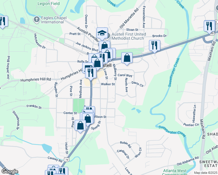 map of restaurants, bars, coffee shops, grocery stores, and more near 2711 Walker Street in Austell