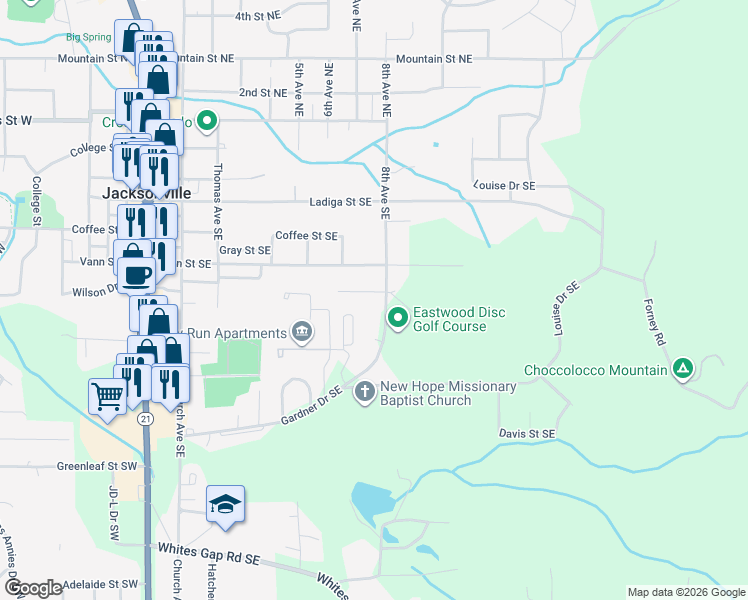 map of restaurants, bars, coffee shops, grocery stores, and more near 709 George Street Southeast in Jacksonville