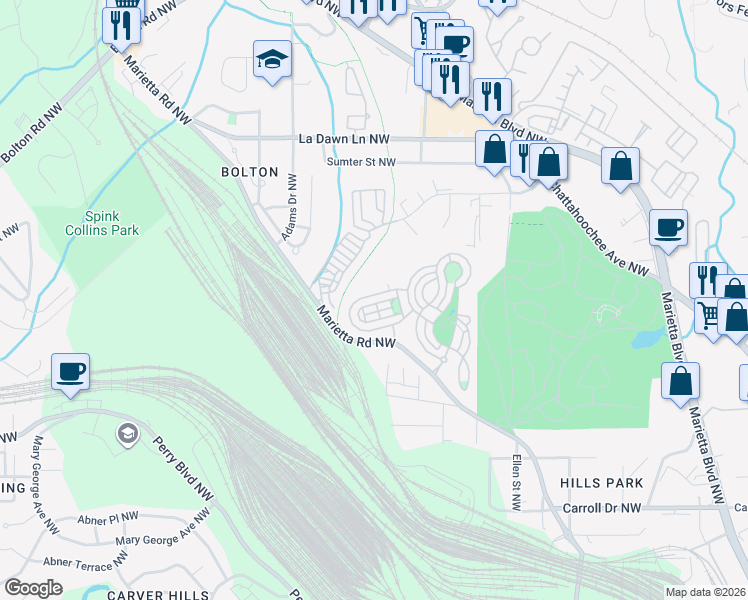 map of restaurants, bars, coffee shops, grocery stores, and more near 1424 Dupont Commons Circle Northwest in Atlanta