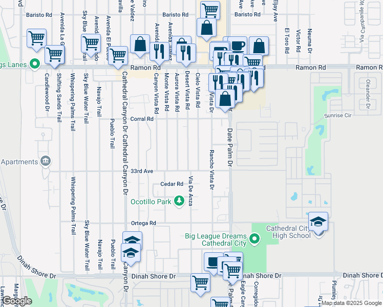 map of restaurants, bars, coffee shops, grocery stores, and more near 32790 Desert Vista Road in Cathedral City