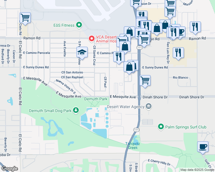 map of restaurants, bars, coffee shops, grocery stores, and more near 950 Calle Paul in Palm Springs