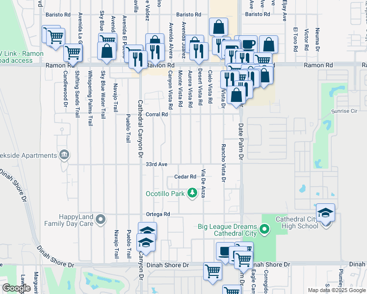 map of restaurants, bars, coffee shops, grocery stores, and more near 32820 Monte Vista Road in Cathedral City