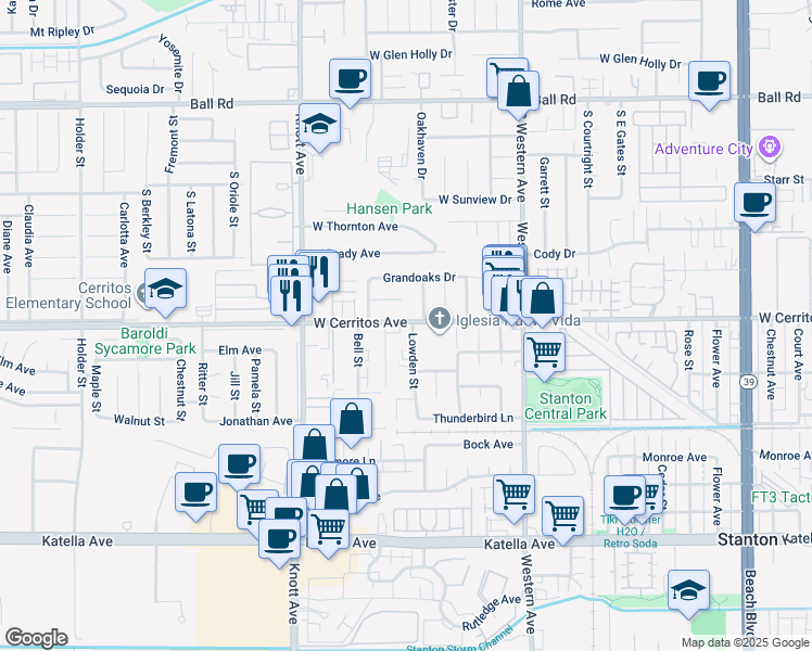 map of restaurants, bars, coffee shops, grocery stores, and more near 7232 West Cerritos Avenue in Stanton