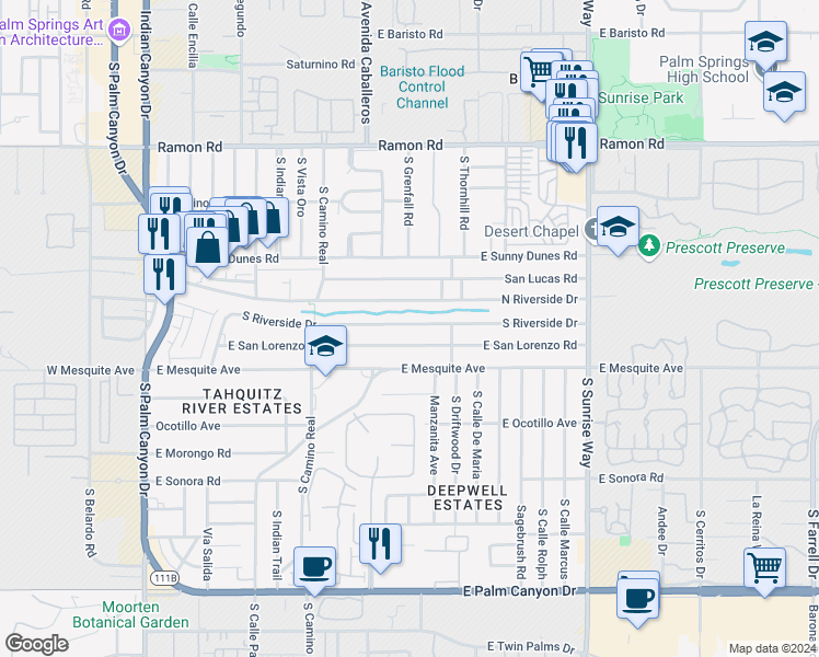 map of restaurants, bars, coffee shops, grocery stores, and more near 1047 South Riverside Drive in Palm Springs