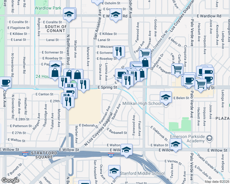 map of restaurants, bars, coffee shops, grocery stores, and more near 5757 East Oakbrook Street in Long Beach
