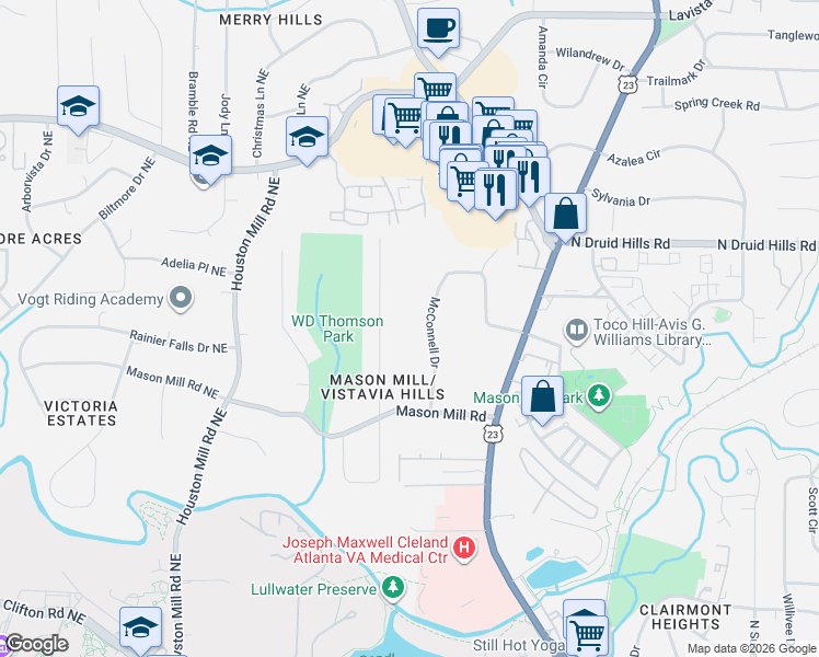 map of restaurants, bars, coffee shops, grocery stores, and more near 1066 McConnell Drive in Decatur